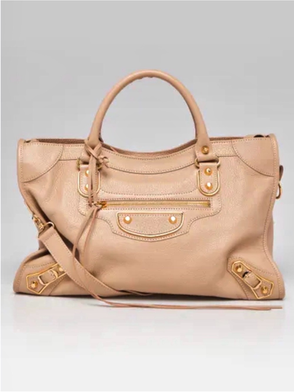 Auth Balenciaga City Bag medium metallic Edge Beige Chèvre leather Classic Gold